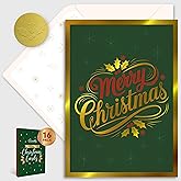 Decorably 16 Pack Gold Foil-Embossed 5x7in Green Christmas Cards with Envelopes & Stickers - 1 Folded Holiday Designs Seasons Greetings for Friends, Family & Loved Ones, with Printed Message Inside