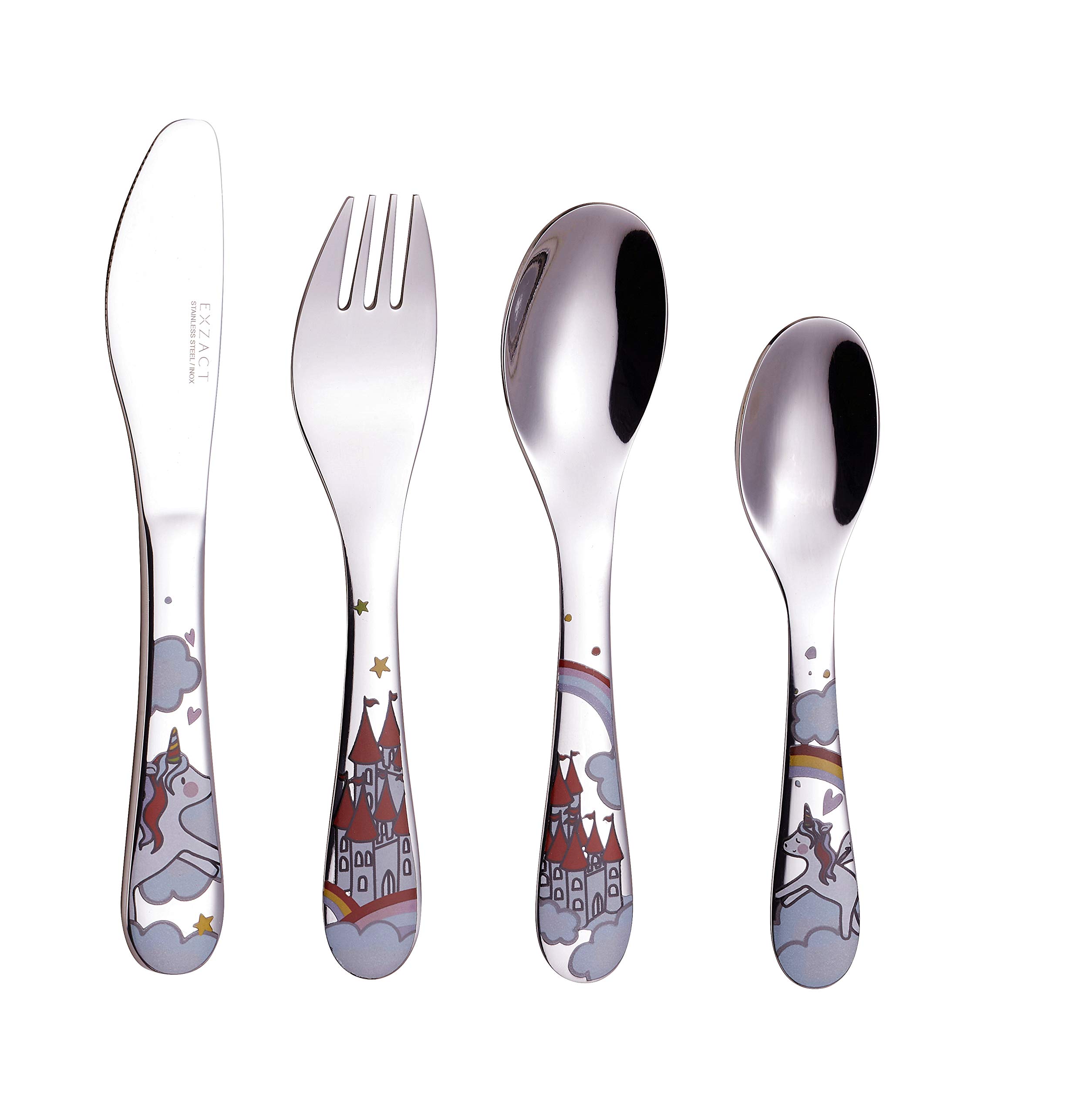 Exzact Children's Cutlery 4pcs/ Kids Flatware Stainless Steel - Dishwasher Safe, 24 Months+ (Unicorn)