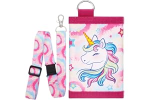 WAWSAM Unicorn Kids Wallet for Girls, Trifold Velcro Wallet for Kids Teen Ages 4-12, Toddler/Youth Wallet with Zippered Coin Pocket and Card Holders Lanyard, Christmas Birthday Gift for Girls Kids