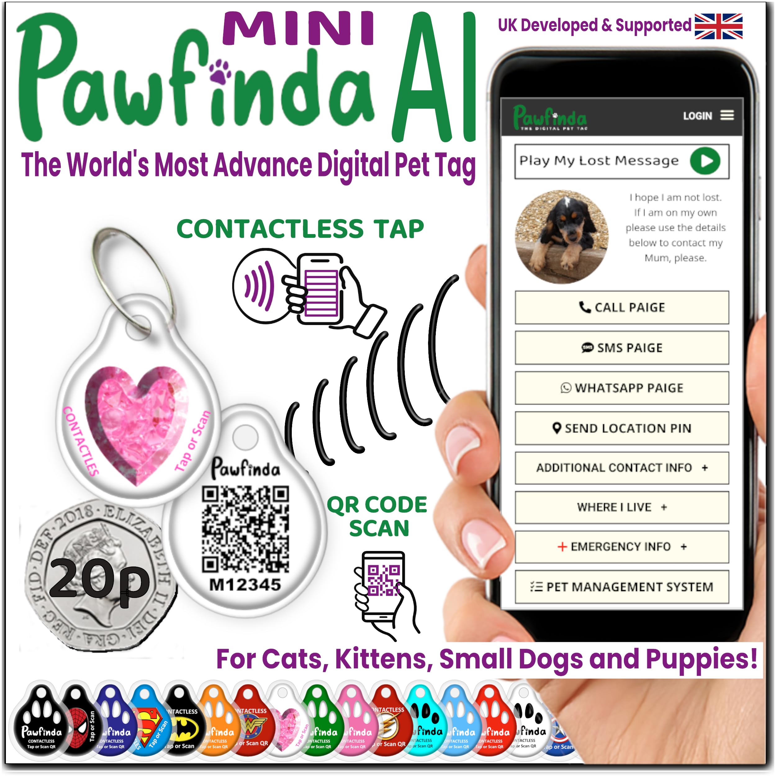 PAWFINDA AI – Next Generation AI Digital Pet Tag. Personalised Cat Dog Pet Engraved ID Tag with CONTACTLESS NFC, QR Code Technology and PawVoice AI. Developed & Fully Supported in the UK