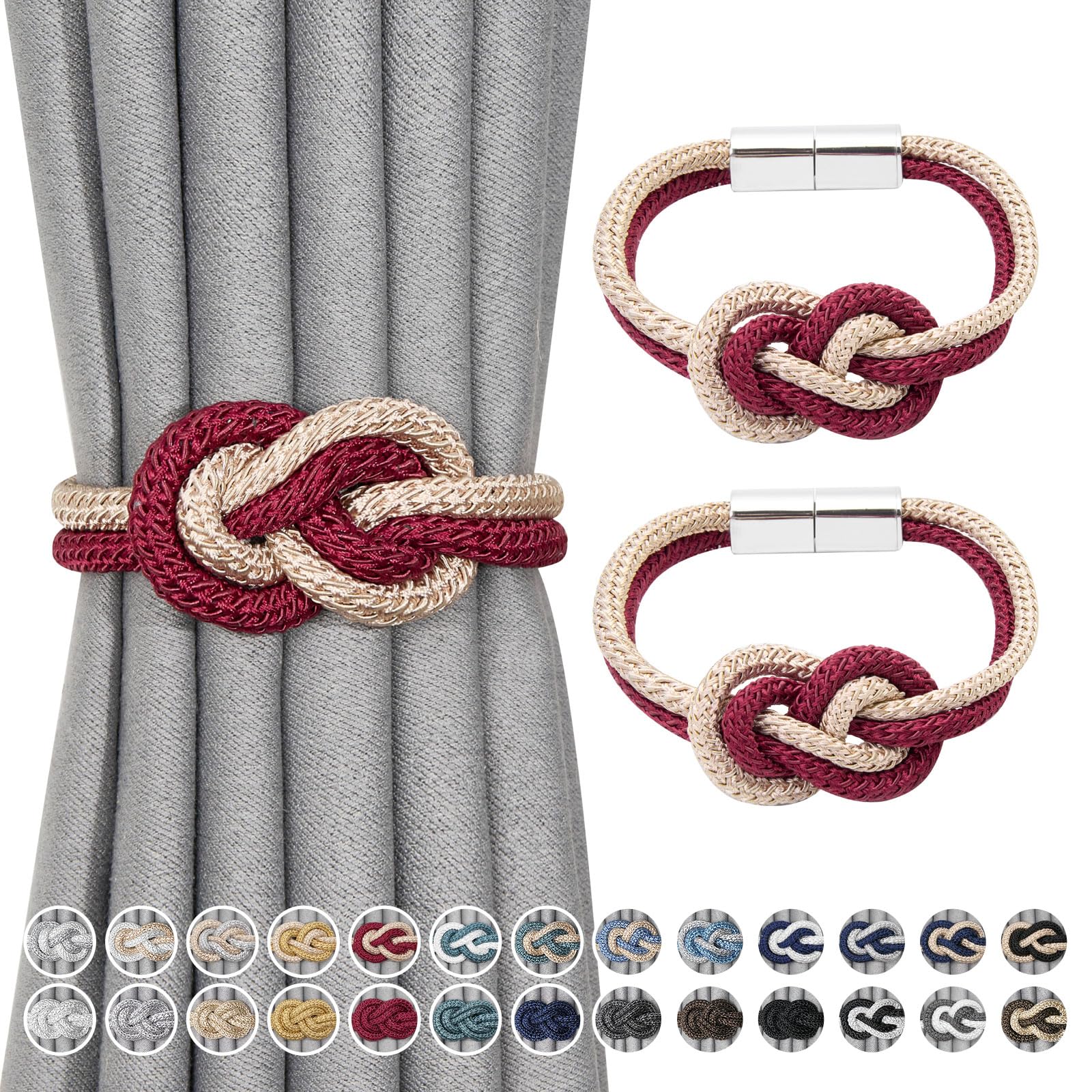 Pretty Jolly 2 Pack Mini Magnetic Curtain Tiebacks Nordic Simple Style Drape Tie Backs Elegant Hand Weave Rope Knot Decorative Curtain Holdbacks for Home & Office Window Drapery (Wine Red & Beige)