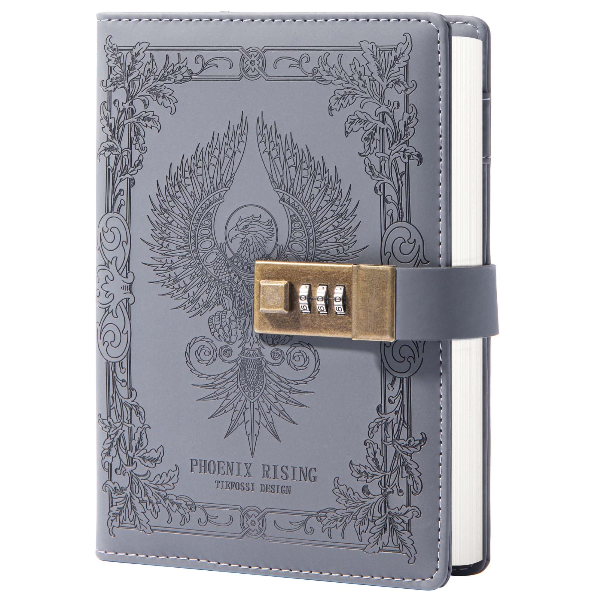 TIEFOSSI Phoenix Journal Notebook with Lock, Vintage Leather Locked Diary, B6 Travel Refillable Ruled Lined Writing Paper, Secret Password Gift Diary for Women Girls Boys (Black)
