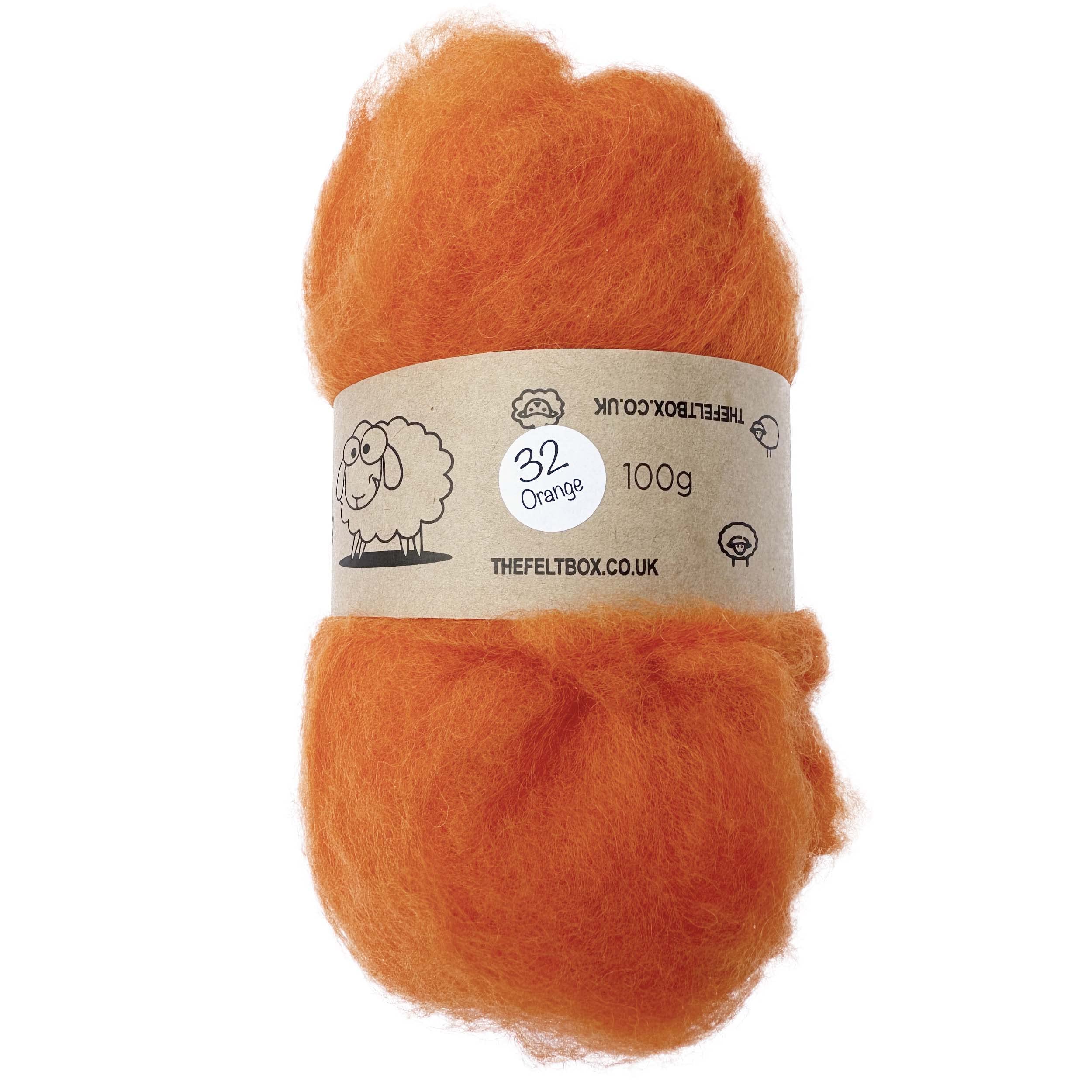The Felt Box Needle Felting Wool 100g – Orange Shade #32 – Carded Batt with Short Coarse Fibres (~27 Microns) – NZ Sheep Wool for Needle Felting Core & Finish Wet Felting Spinning & Crafts