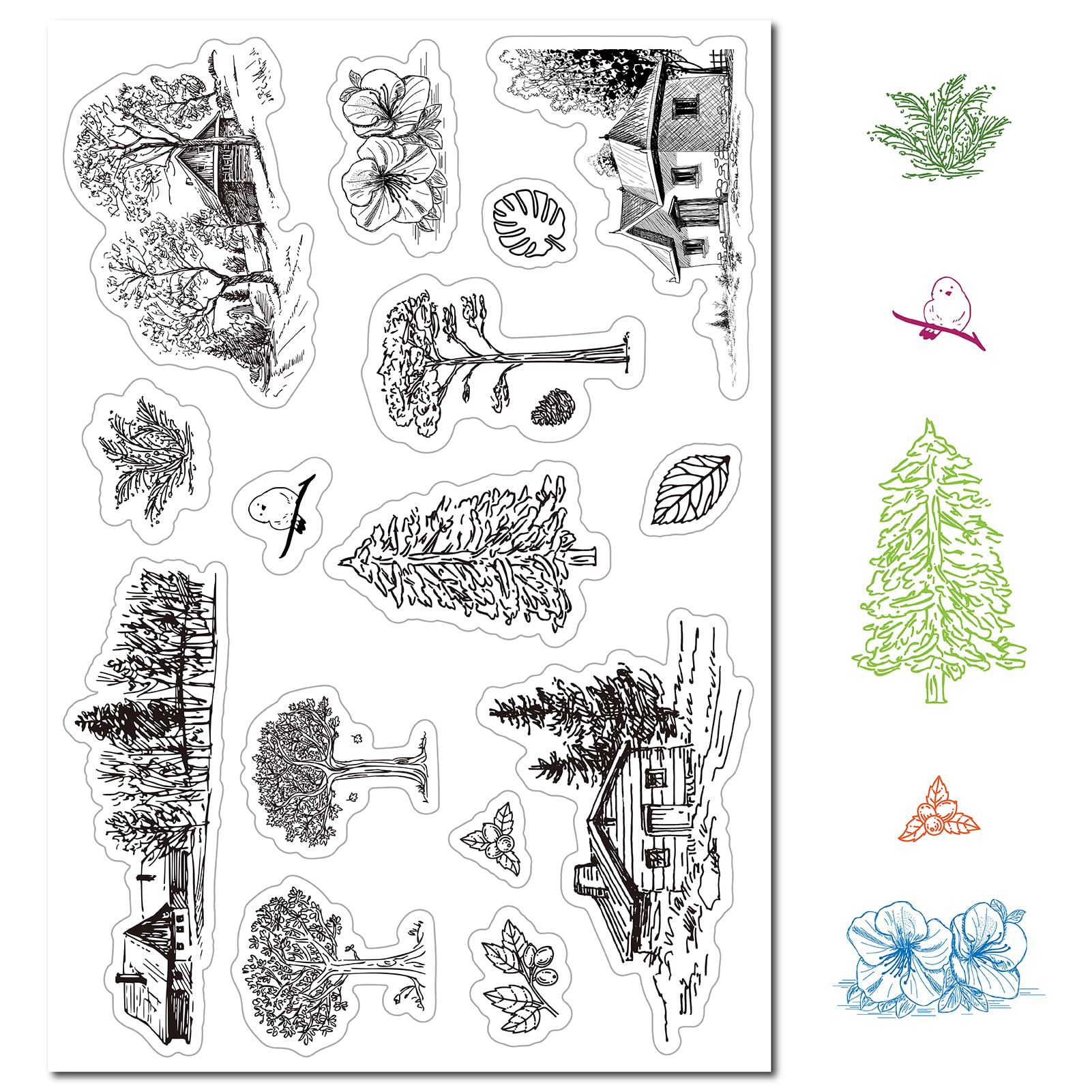 CRASPIRE Tree Scenery Clear Rubber Stamps Vintage House Plants Village Background Transparent Silicone Seals Stamp for Christmas Xmas Journaling Card Making DIY Scrapbooking Photo Frame Album Decor