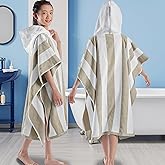 VOOVA & MOVAS Big Kids Hooded Towel Robe | Large (8-16Years) Thick and Absorbent Cotton Poncho for Pool, Swim, and Bath - Beige and White Cabana
