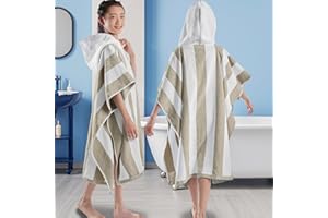 VOOVA & MOVAS Big Kids Hooded Towel Robe | Large (8-16Years) Thick and Absorbent Cotton Poncho for Pool, Swim, and Bath - Beige and White Cabana