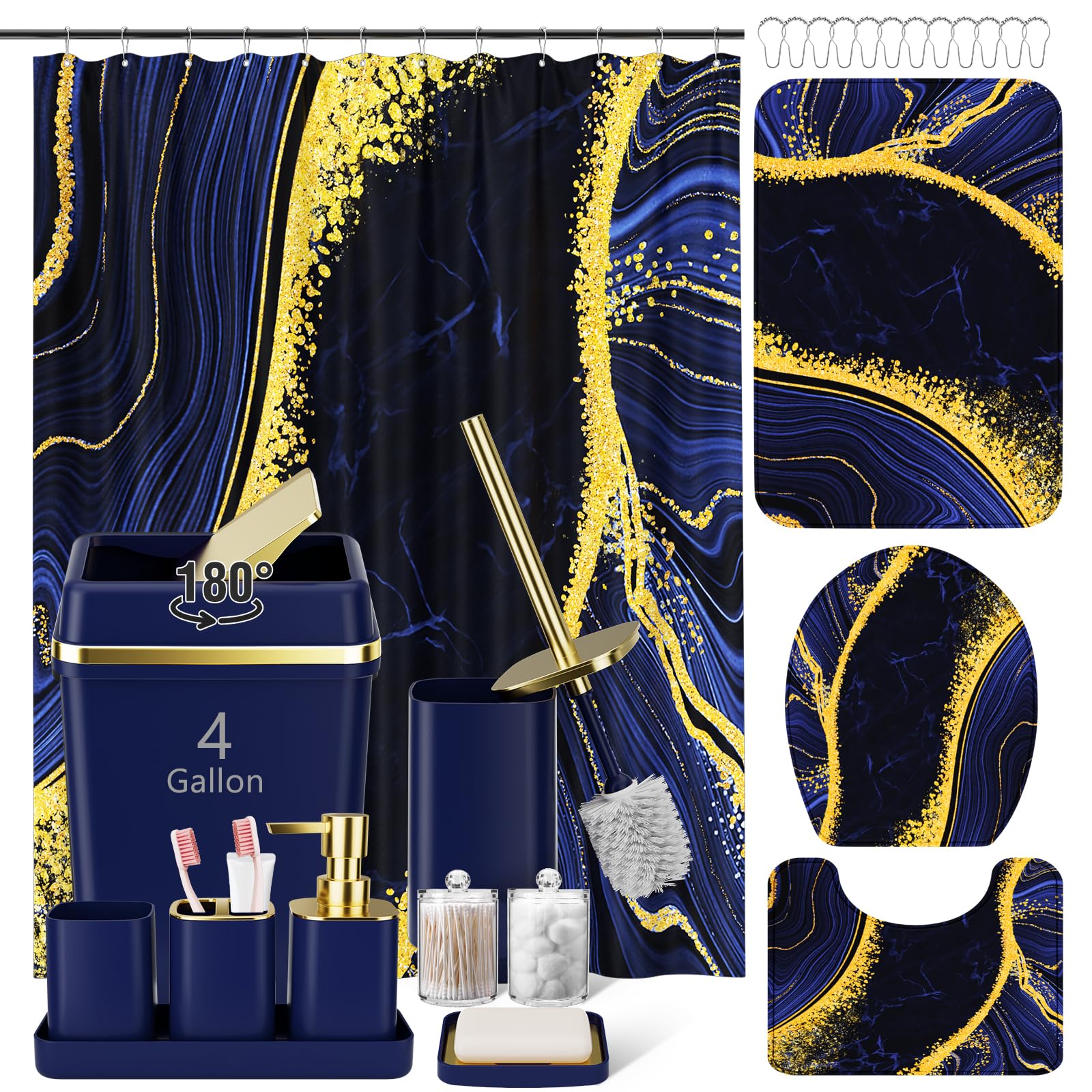 Photo 1 of 25PCS Bathroom Accessory Set, Navy Blue Bathroom Set with Large-Capacity 4 Gallon Trash Can,Bathroom Rugs Set, Waterproof Shower Curtain, Toilet Brush, Toothbrush Holder & Soap Dispenser