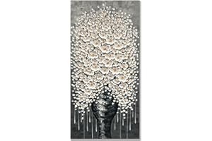 zoinart Hand Painted 3D Oil Paintings on Canvas Wall Art 24x48 Inches Black White and Gray Floral Canvas Painting Abstract Vertical Wall Art for Hallway Living Room Wall Decor