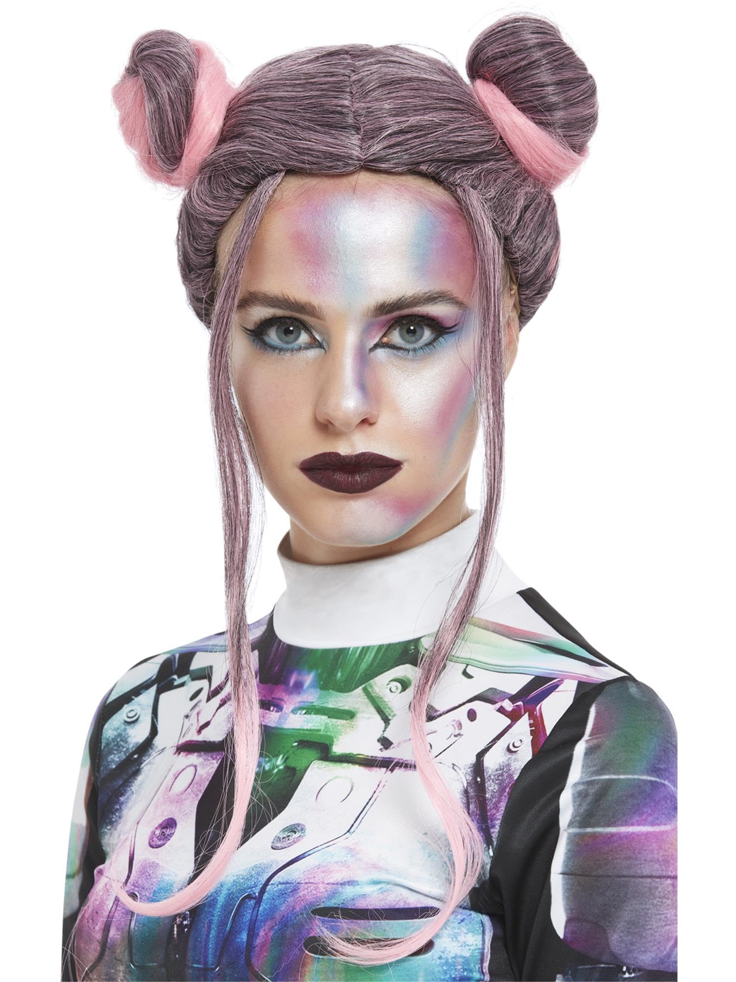 Smiffys Space Buns Wig, Black & Pink, Halloween Fancy Dress Accessory, Halloween Fancy Dress Accessories Dress Up Party Goods