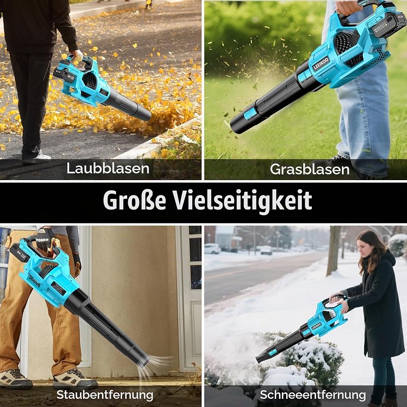Laubbläser Akku LEEIKOO, 21V Laubbläser mit 2 Akkus 4,0Ah mit 3 Geschwindigkeitsstufen, 2 Abnehmbare Blasrohre, Schultergurt Kabellos Laubbläser für Garten und Außenreinigung
