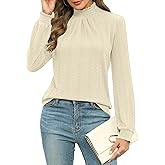 Micoson Womens Mock Neck Blouses Pleated Textured Shirts Long Sleeve Stretch Casual Tunic Tops Dressy Fashion Blouse