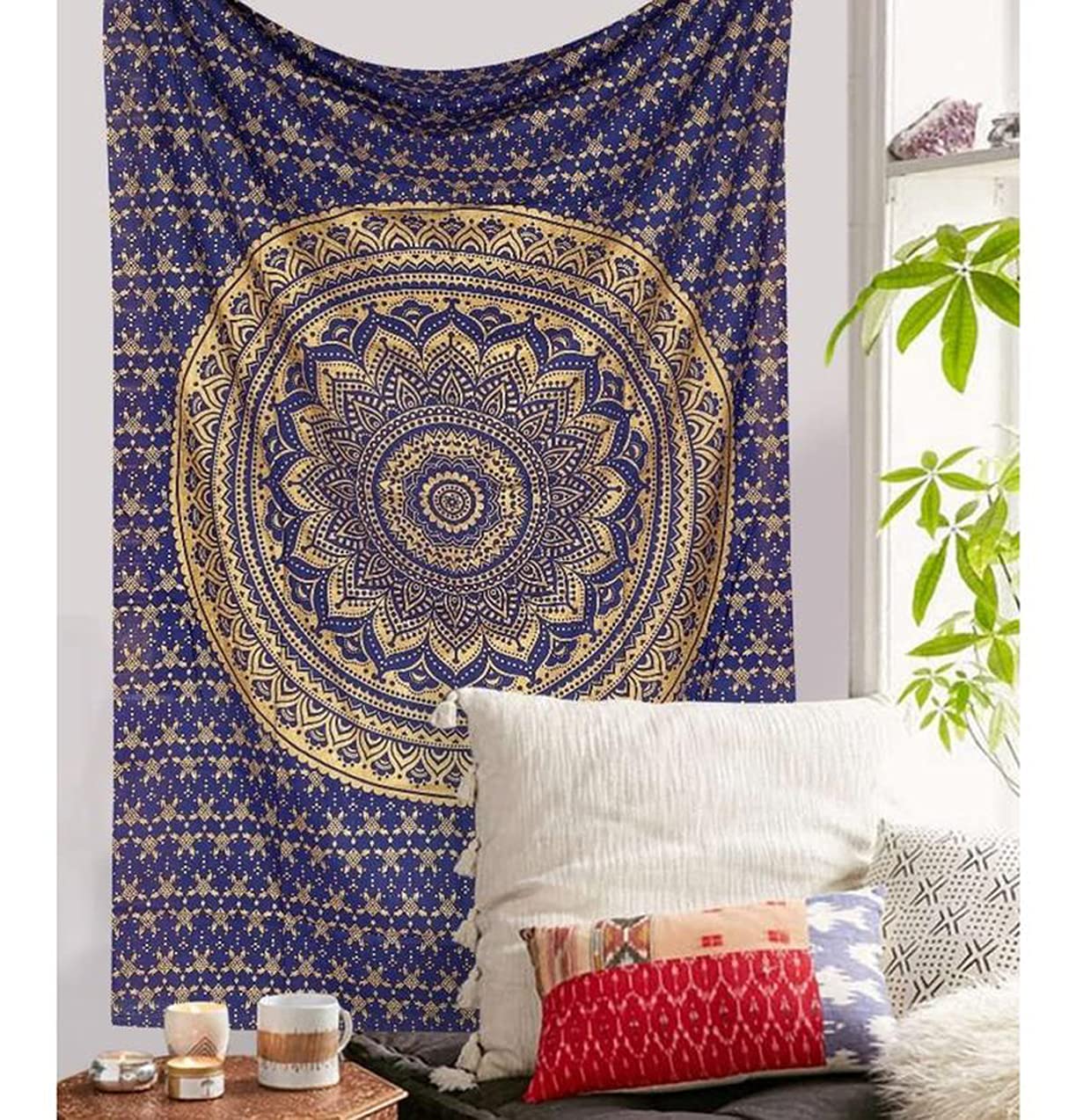 raajsee Mandala Tapestry, Boho Wall Decoration, Blue Gold Aesthetic Room Décor, Wall Tapestry, Psychedelic Wall Hanging, Medium (52x60 Inches / 132x152 Cms)
