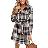 CUPSHE Women's Mini Fall Dresses Button Long Sleeves Plaid Belted Casual Short A Line Shirt Dress