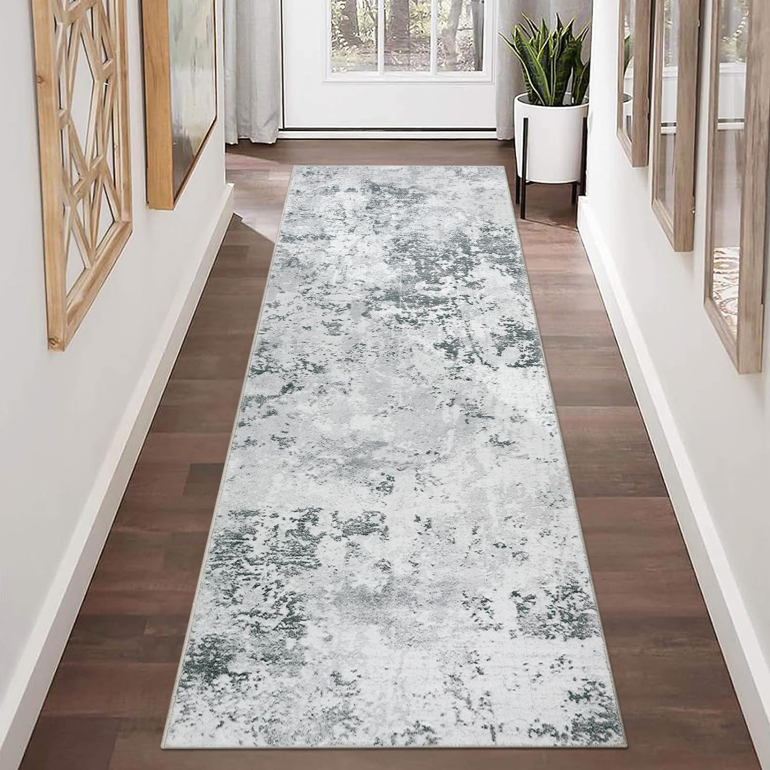 Homcomodar Abstract Runner Rug for Hallway 65x180cm Modern Kitchen Rug Washable Non Slip Floor Carpet Runner Faux Wool Carpet Grey for Bedroom Laundry Besides