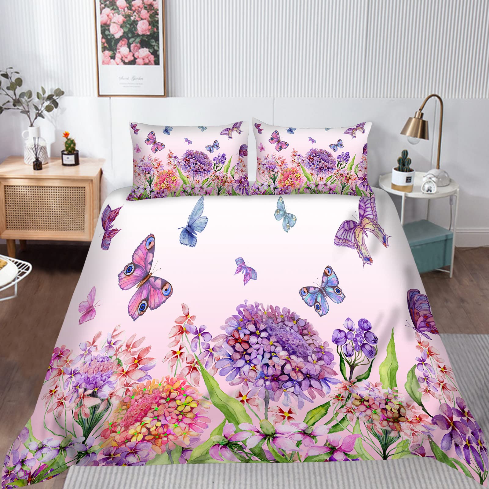 YUANZU Floral Bedding Set Double for Woman Girls Duvet Cover Set 3 Pieces Watercolor Flower Colorful Butterfly Printed Soft Microfiber Quilt Cover with Zipper Closure (200 x 200 cm & 2Pillowcase) โ image 1