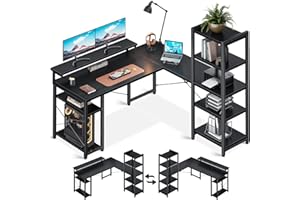 ODK L Shaped Desk with Monitor Stand, 54 Inch Home Office Desks with Storage Printer Shelves, Reversible Corner Gaming Desk with Bookshelf for Bedroom, Black