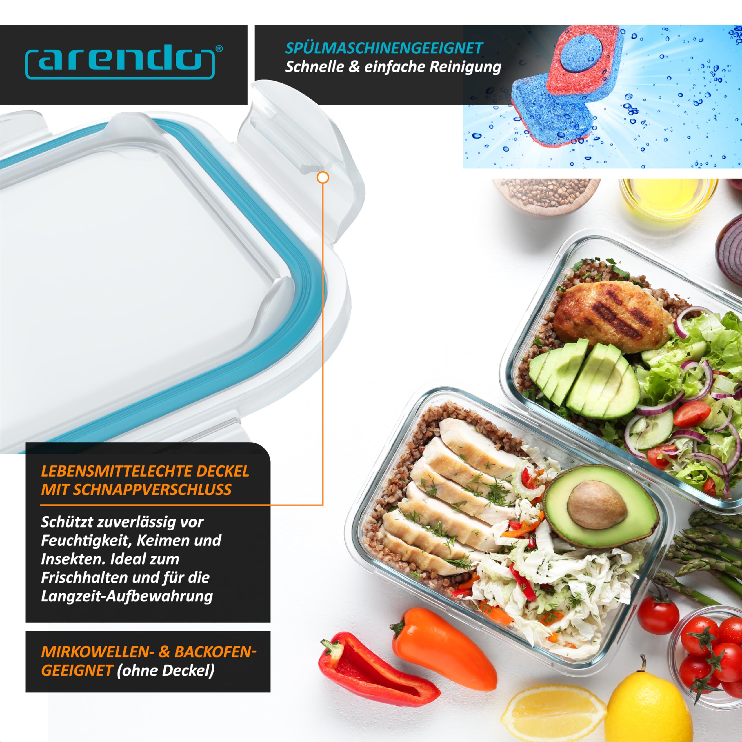 Arendo - Glas Lunchboxen Frischhaltedosen für Lebensmittel mit Deckel luftdicht - 5er Set - 1050 ml - für Mikrowelle Ofen Gefrierschrank - Spülmaschinen geeignet - Vorratsdosen Meal Prep Boxen Set 3