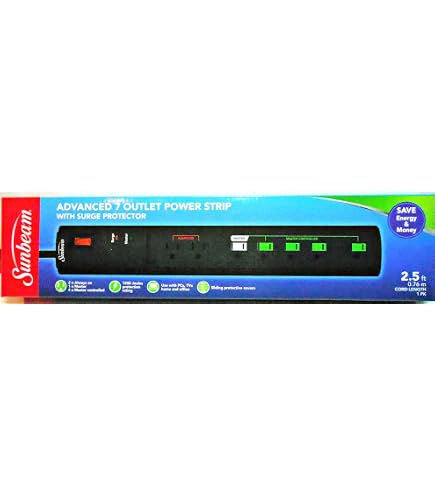 Sunbeam Advance 7-Outlet Surge Protector Power Strip – Spaced Outlets, Master Switch, 15A, 2.5 Ft Cord