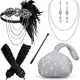 1920s Accessories Headband Necklace Gloves Earrings Long Holder Bling Glitter Purse Flapper Women's Costume Accessories Set