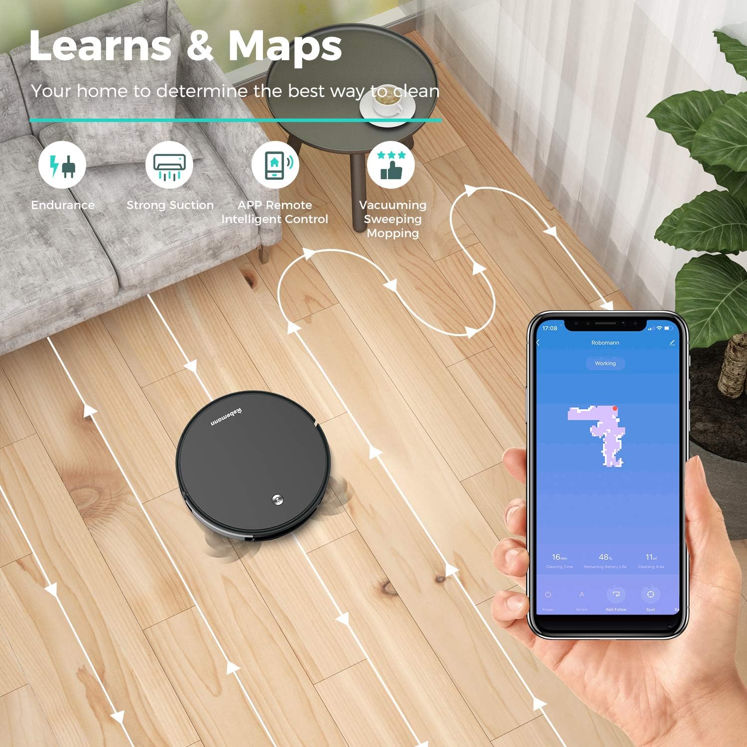 Robotic Vacuum Robot mop Automatic Cleaner,Robomann380 Smart Navigating Robotic Vacuum Cleaner with 2000Pa Strong Suction, Wi-Fi & APP Connectivity for Pet Hair, Carpet & All Types of Floor: Home & Kitchen