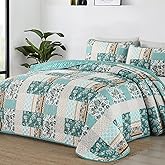 WONGS BEDDING 3 Pieces Quilt Set King Size, Teal Patchwork Plaid Bedspread Coverlet Set, Floral Soft Lightweight Microfiber Bedding Set for All Season(104"×90“)