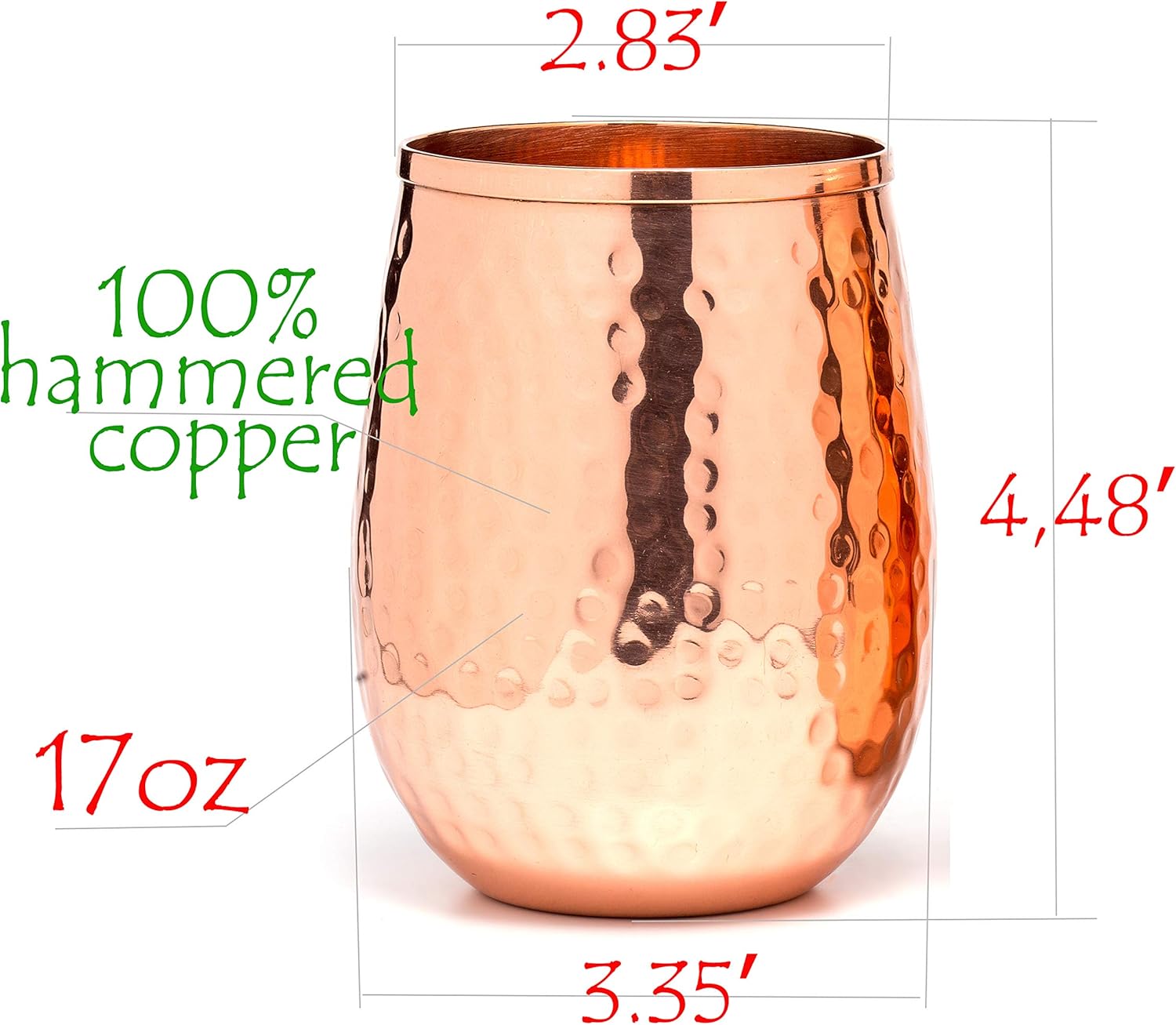 Copper wine glasses set of 4, 17oz gleaming 100% solid hammered copper stemless wine cups - Image 4
