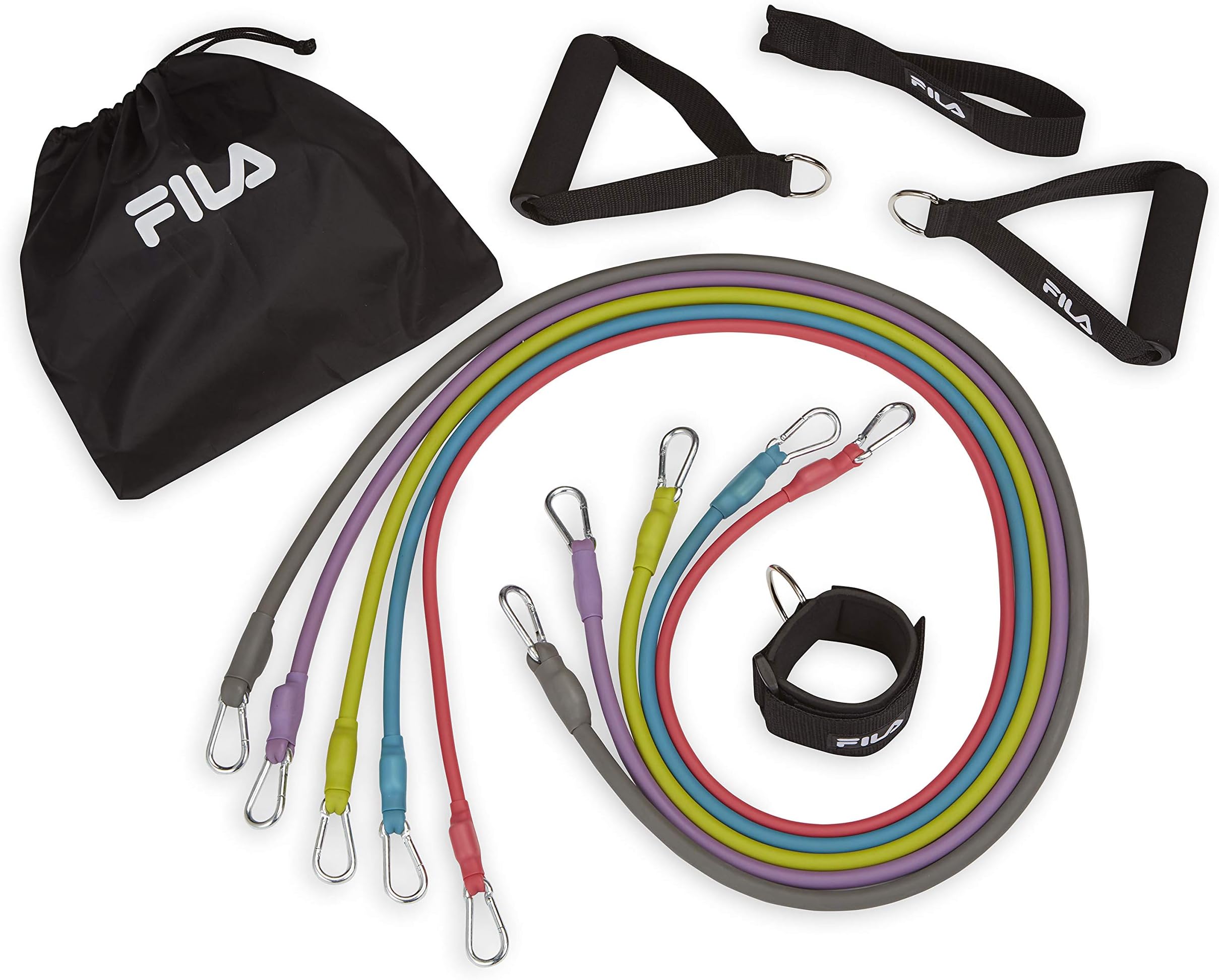 FILA Accessories Resistance Band Kit with 5 Detachable Extra Strength Tubes, Ankle Strap