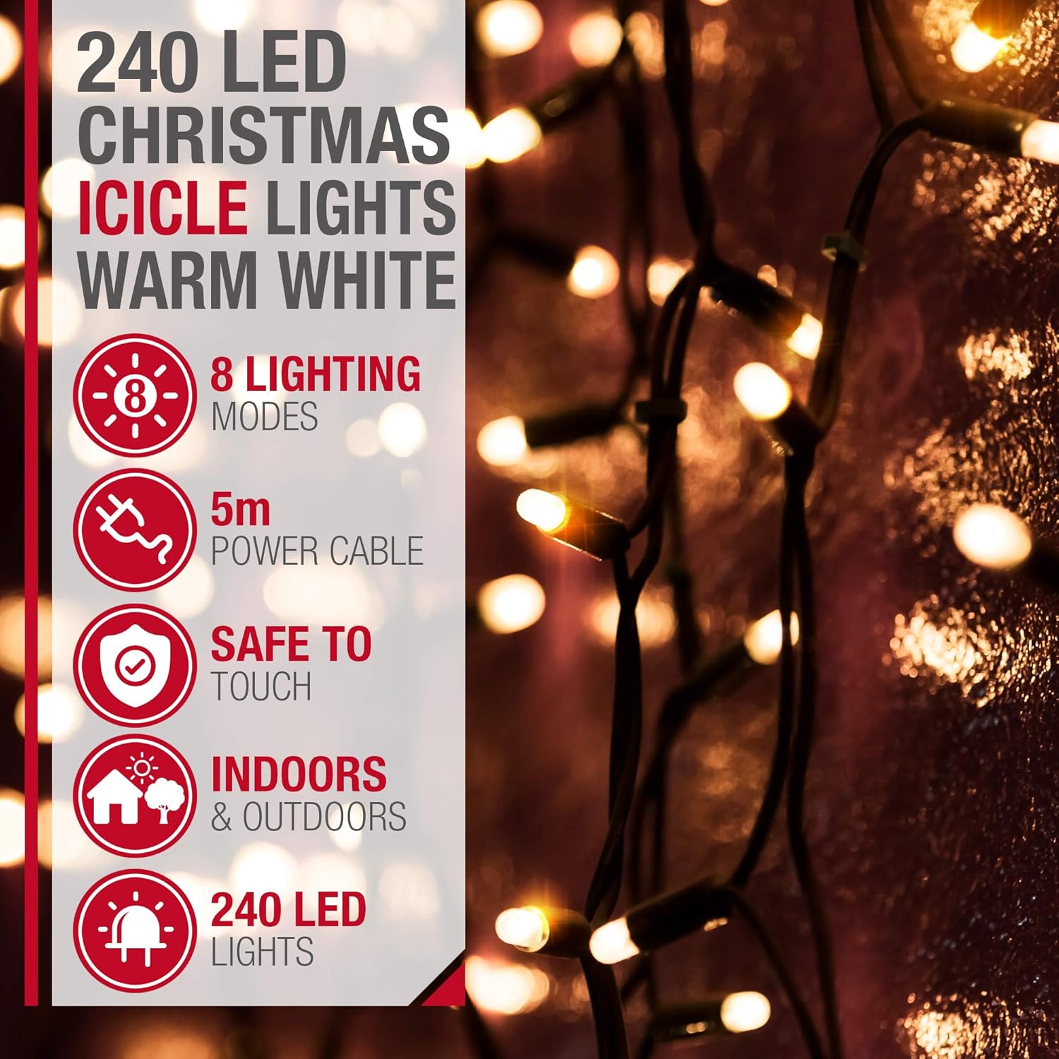 NETTA Icicle Lights Outdoor Christmas 240 LED 7.5m Lit Length, Warm White Icicle Fairy House Lights with Memory - Image 3