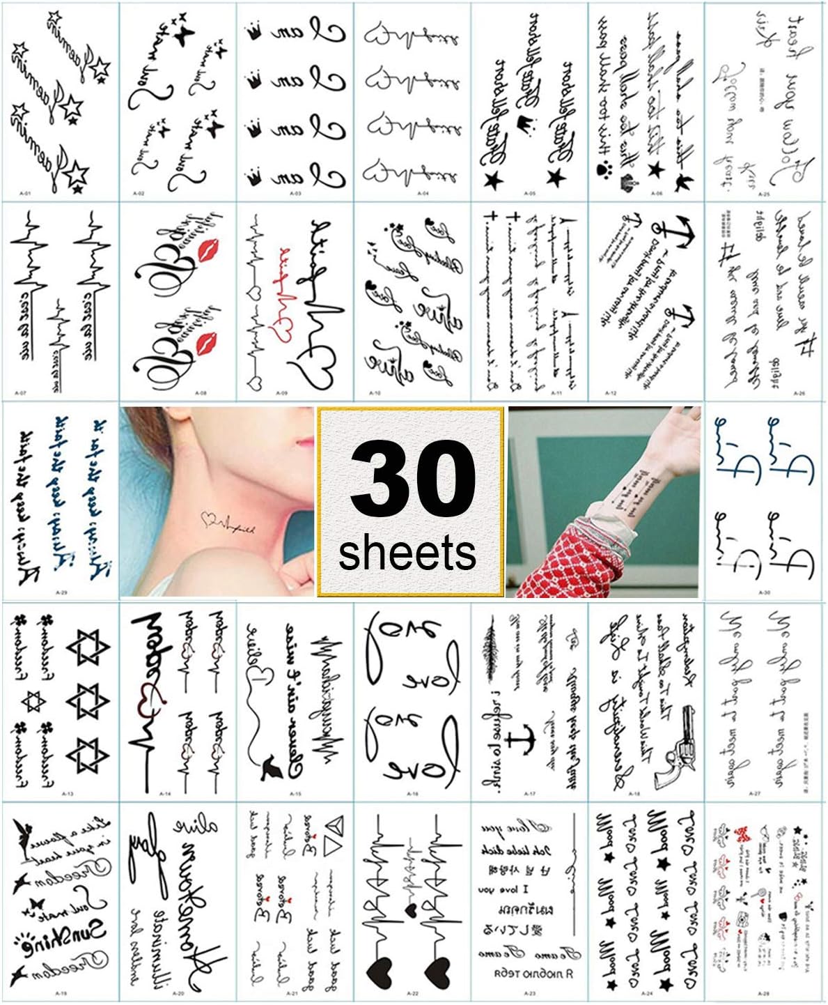 Black Temporary Tattoo Stickers for Women, Kids, Men, Girls โ 100+ Different Transfer Stickers, Fake Tattoos Waterproof, Hand Tattoo Stickers with Star, Heart, Chinese