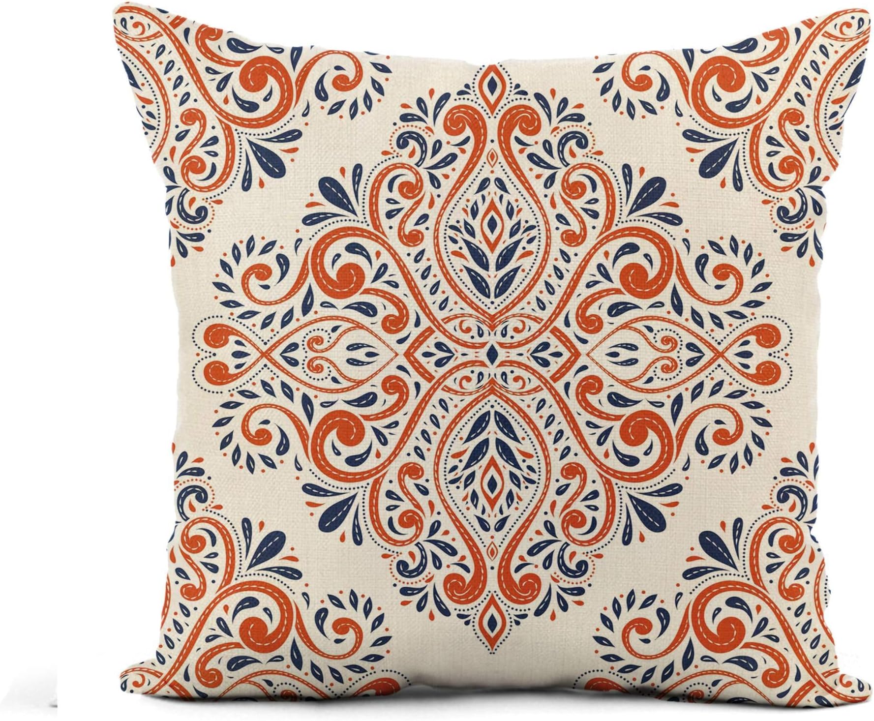 Awowee Flax Throw Pillow Cover Blue and Orange on Paisley Traditional Turkish Indian Motifs 16x16 Inches Pillowcase Home Decor Square Cotton Linen Pillow Case Cushion Cover