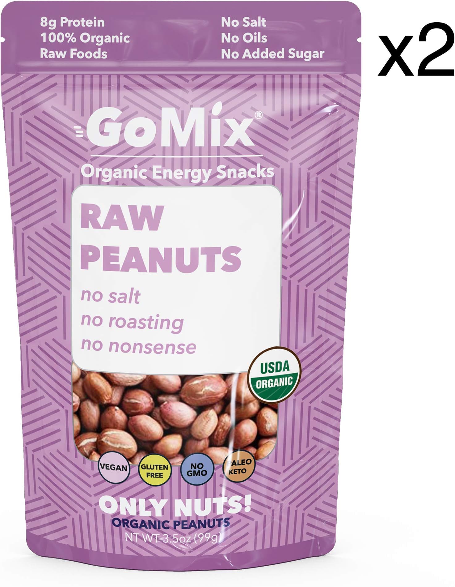 GoMix Raw Organic Valencia Peanuts, #1 Keto Snack, 3.5 oz, (2 bags) Superfood, Raw, Protein, Vegan, NonGMO, Gluten Free. No Salt, No Roasting, No Nonsense!