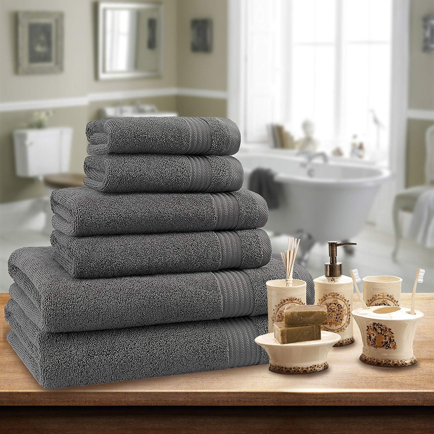 Hotel & Spa Quality, Absorbent and Soft Decorative Kitchen and Bathroom Sets, Cotton, 6 Piece Turkish Towel Set, Includes 2 Bath Towels, 2 Hand Towels, 2 Washcloths, Charcoal Grey: Home & Kitchen