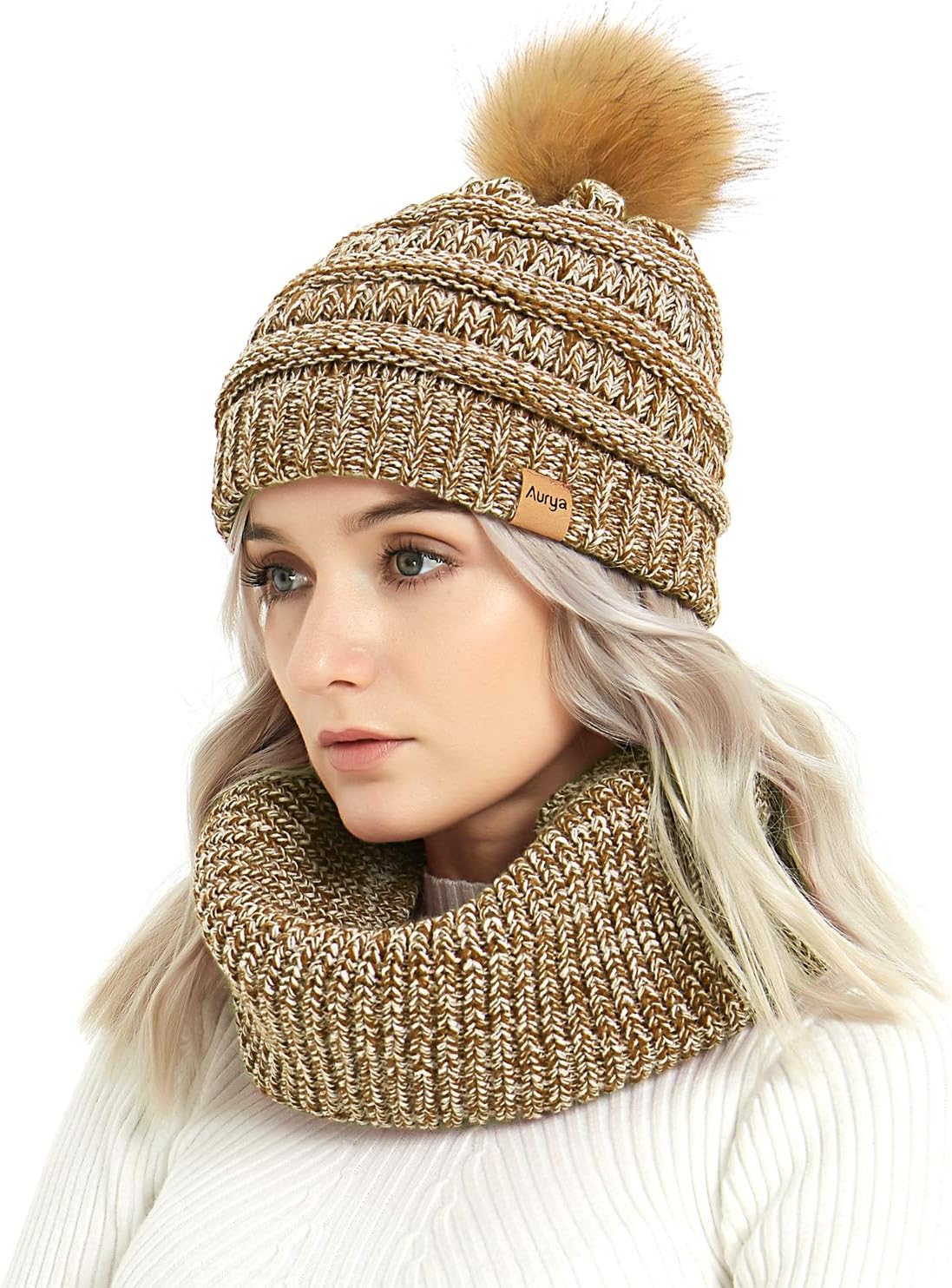 Womens Winter Warm Cable Knit Pom Pom Beanie Hat Cap and Infinity Scarf Set by Aurya