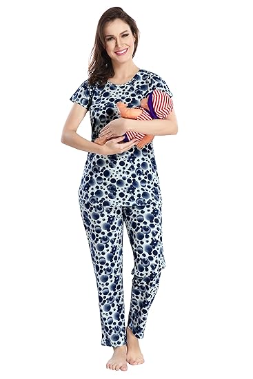 Women Cotton Printed Maternity & Feeding Top & Pyjama Set