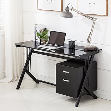 Uenjoy Black Computer Desk Pc Table Glass Top Side Drawer Home