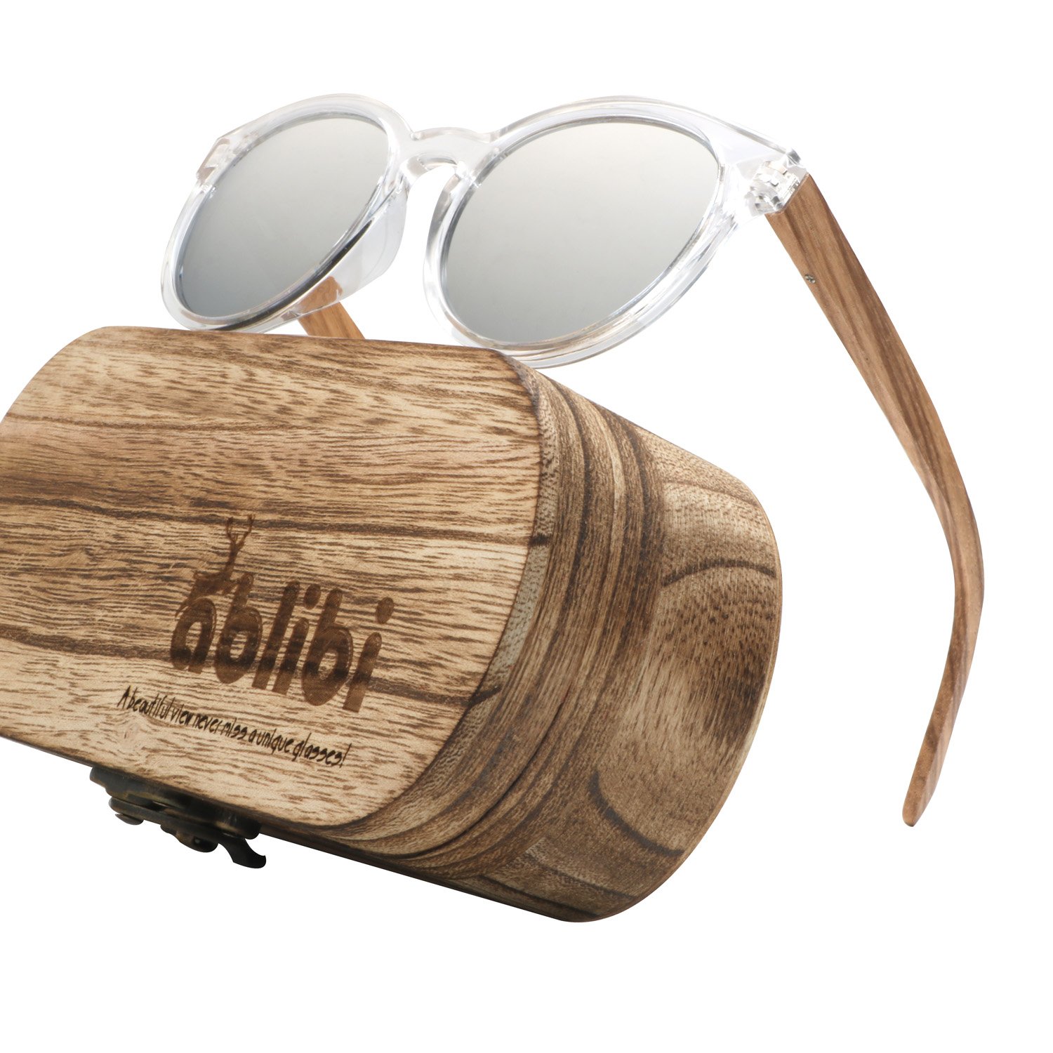 Ablibi Womens Polarized Wood Sunglasses Retro Round Wood Shades in Original Box (Zebrawood, Silver)