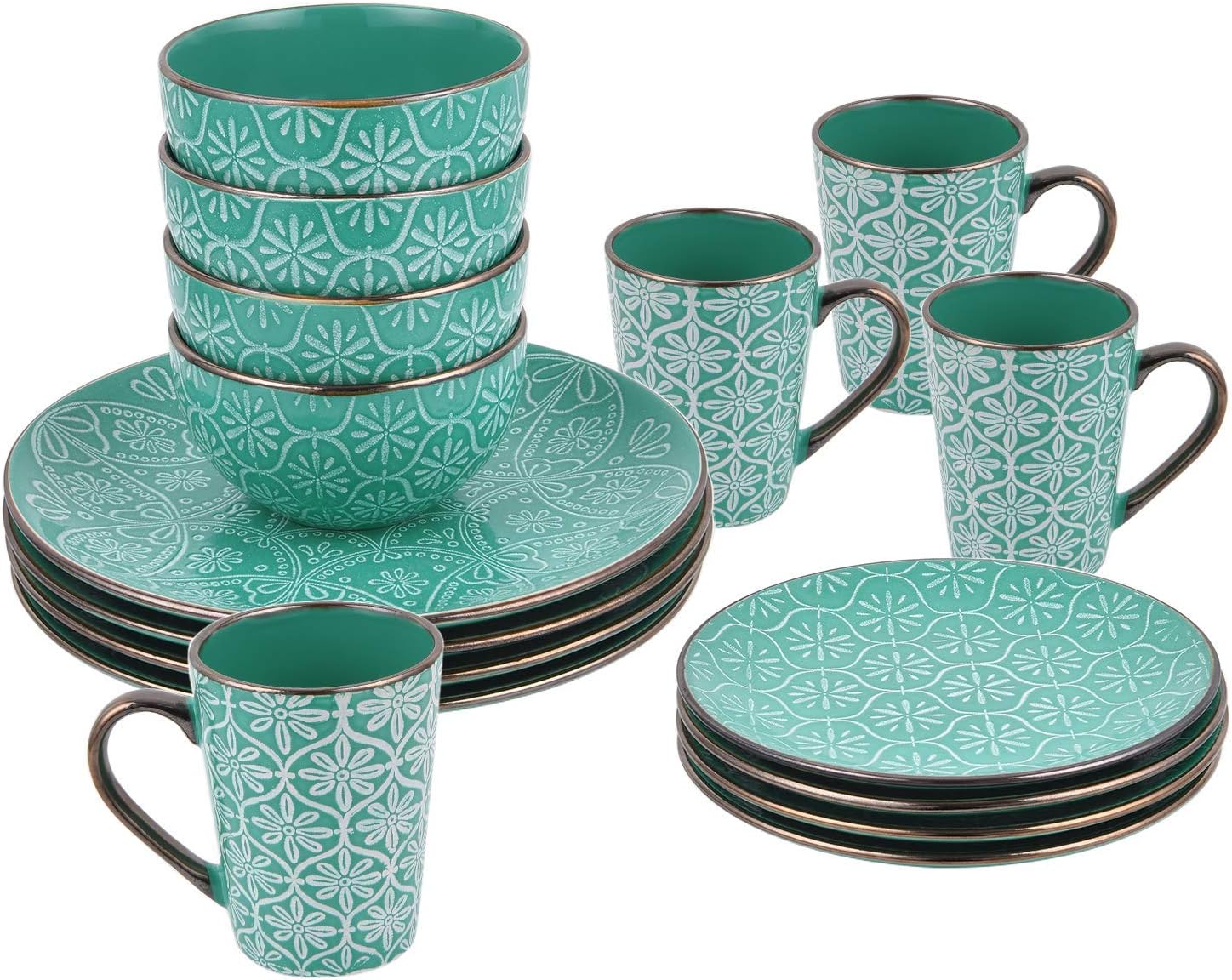 16 Piece Dishes Dinnerware Set, Retro Green Embossed with Golden Trim Ceramic Dinnerware Set Stoneware Dinnerware Set, Set for 4