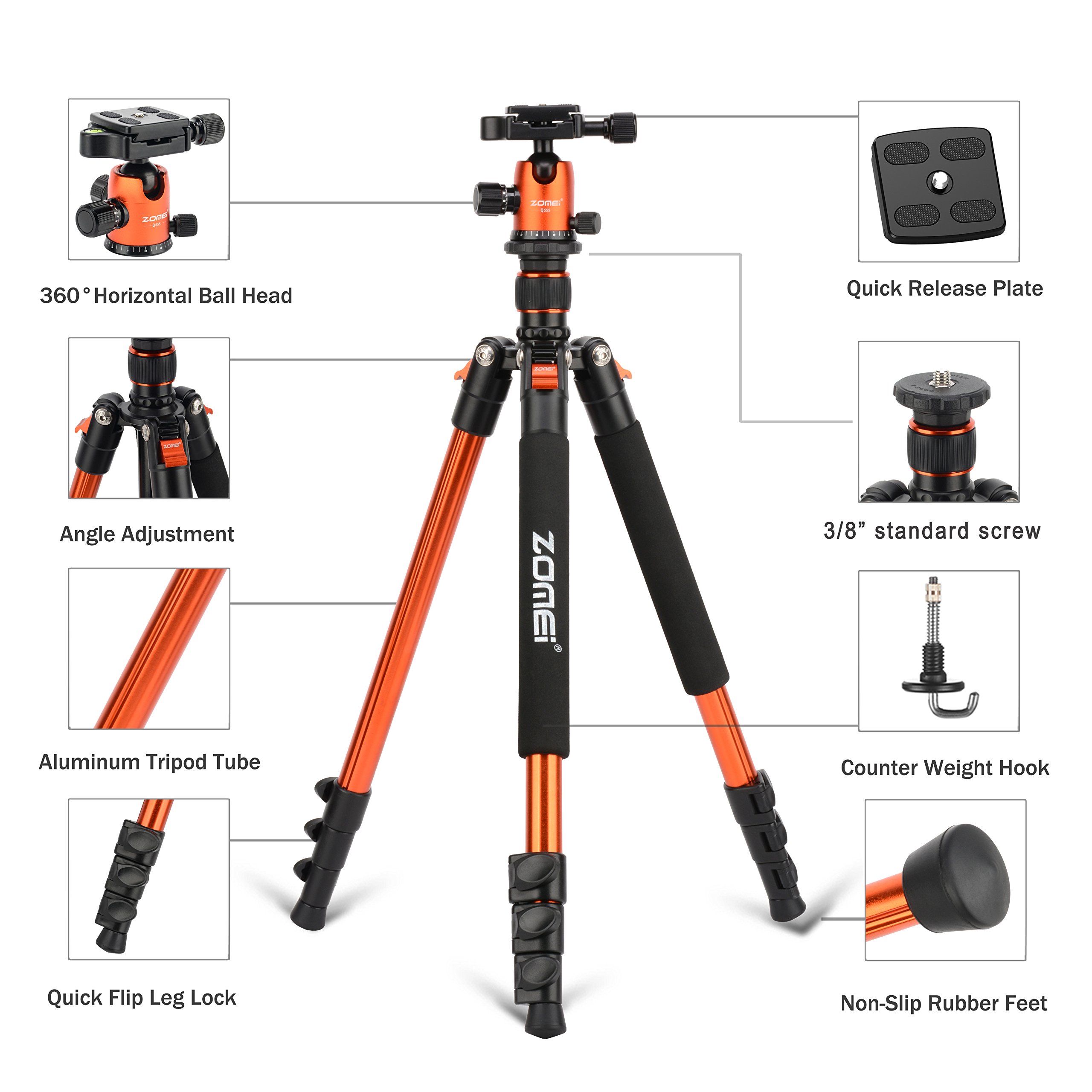 ZOMEi Q555 Lightweight Alluminum Alloy Camera Tripod with 360 Degree Ball Head + 1/4\