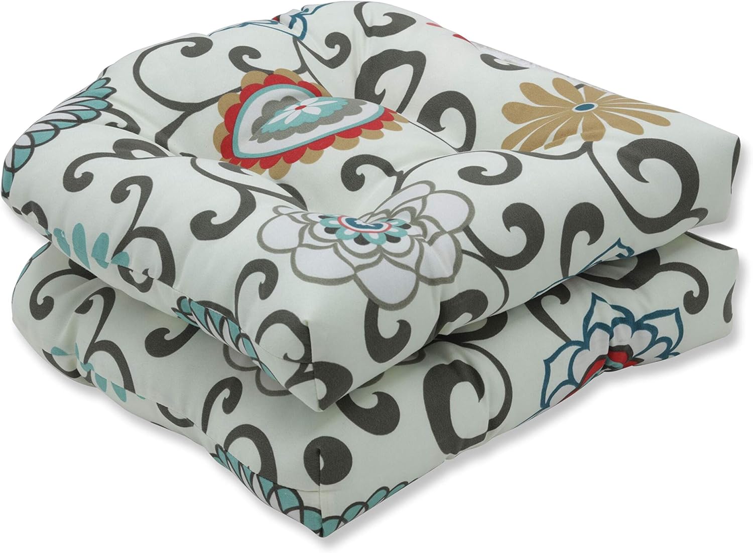 Pillow Perfect Outdoor/Indoor Pom Play Peachtini Tufted Seat Cushions (Round Back), 19" x 19", Blue, 2 Pack: Home & Kitchen
