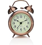 Peakeep 3" Small Twin Bell Alarm Clock with Colored Laser Numbers, Backlight, Silent Non Ticking Quartz Movement, Battery Operated Loud Alarm Clocks for Heavy Sleepers (Bronze)
