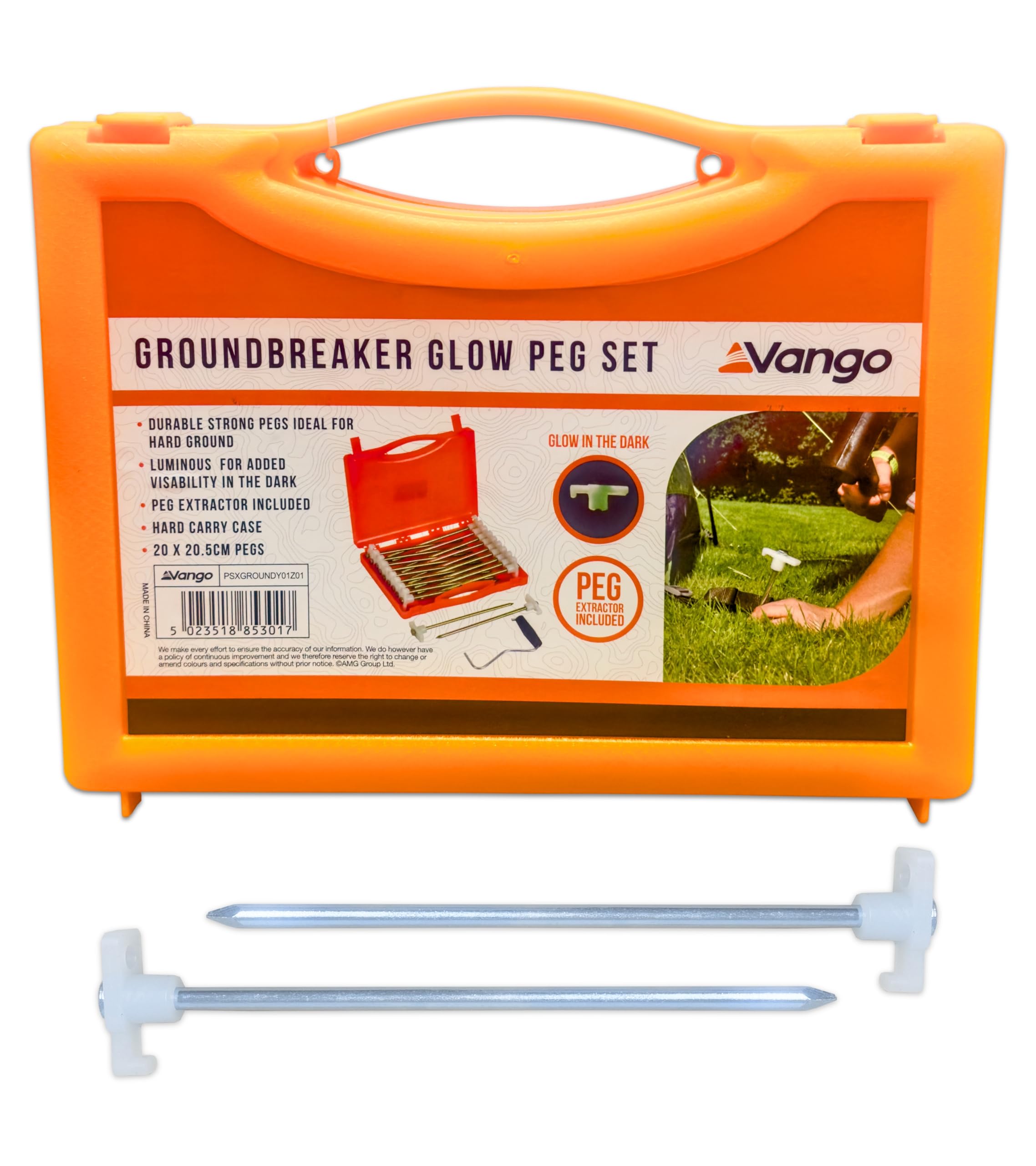 Vango Groundbreaker Heavy Duty Tent Pegs - 20.5cm x 20 Pack Galvanised Steel Glow in the Dark Pegs for Outdoor and Camping with Storage Case and Peg Remover