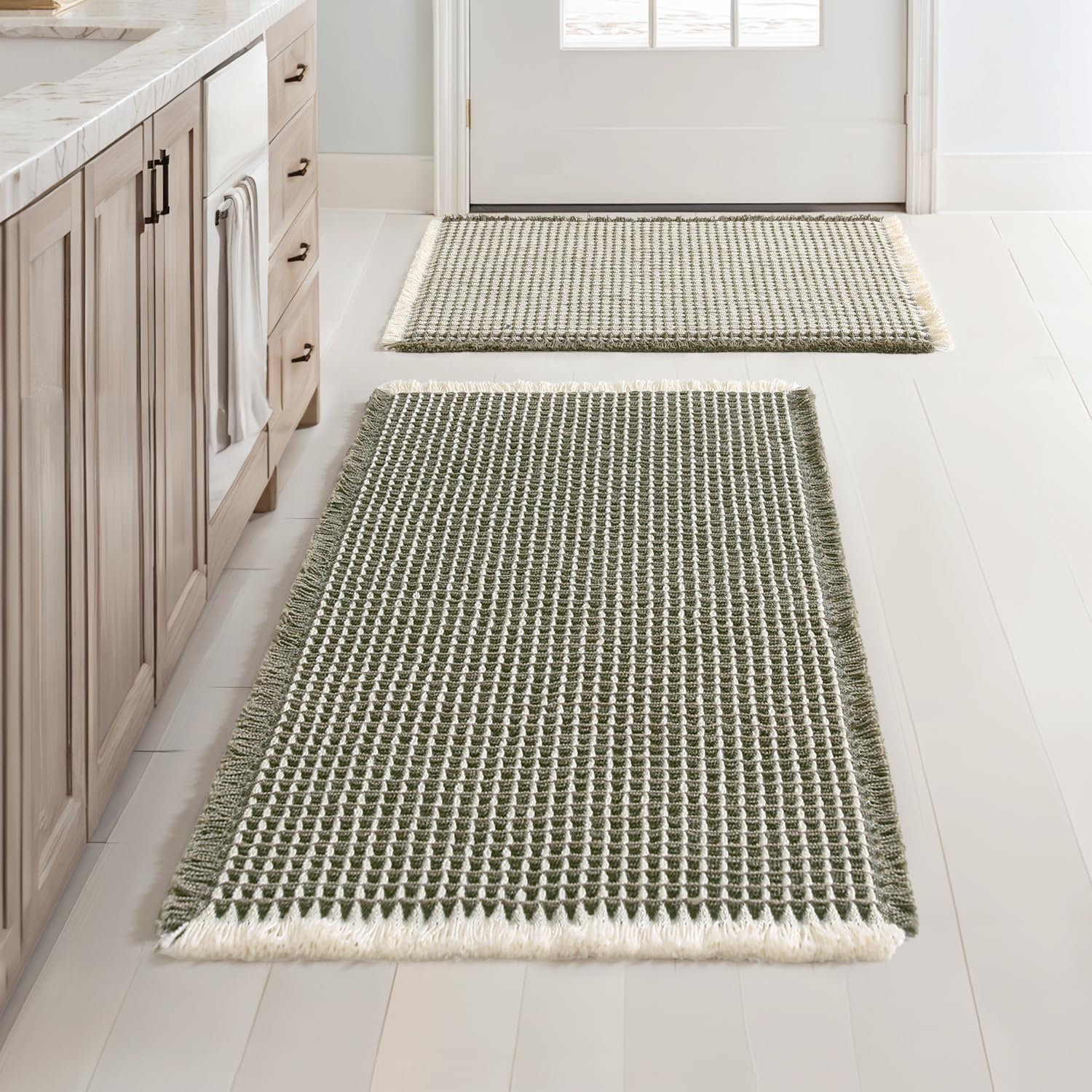 Photo 1 of MIULEE Set of 2 Waffle Bathroom Rugs, Boho Bath Rugs Non Slip Washable, Super Absorbent Bath Mats, Ultra Soft Rubber Backed Shower Mats for Bathroom Floor, Tub, Green & Cream, 17"x24"+18"x30"