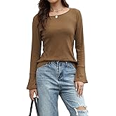 COCCKO Womens Sweaters Casual Crewneck Long Bell Sleeve Ribbed Knit Lightweight Pullover Sweater Tops