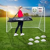 Soccer Goal 6x8 &amp; 12x6 ft Heavy Duty Steel with Net for Backyard by Larkon | Includes soccer goal, upgraded net, portable bag, 30 Velcro straps, 8 zip ties, and manual for setup.