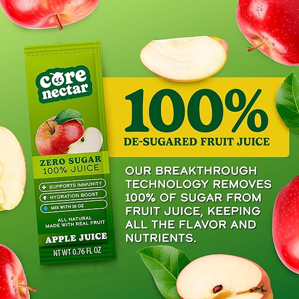 SUGAR FREE APPLE JUICE MADE WITH 100% JUICE; WORLD’S FIRST REAL APPLE JUICE WITH ALL SUGAR REMOVED FROM FRUIT; LIQUID & EASY TO DISSOLVE JUICE PACKS THAT SUPPORTS IMMUNITY & HYDRATION; 10 CT.