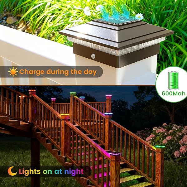 VOLISUN SOLAR POST CAP LIGHTS COLOR CHANGING OUTDOOR WATERPROOF, RGB MODES FENCE POST CAP LIGHTS 16 PACK, FOR 4X4 X5 X6 WOODEN/VINYL(BLACK)