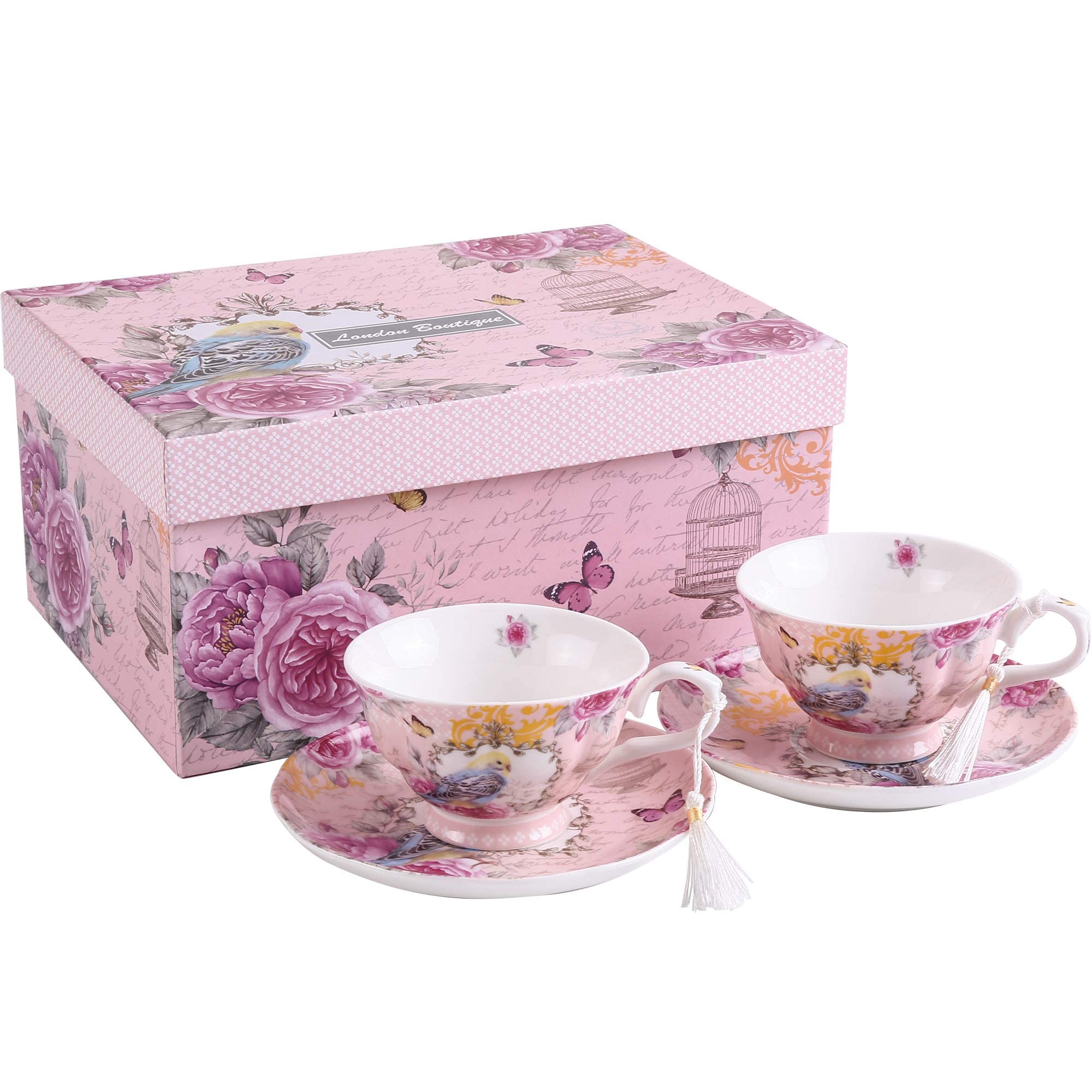 London Boutique Coffee Tea cup and Saucer set 2 Vintage Retro Rose porcelain set Gift Box (Vintage Summer)