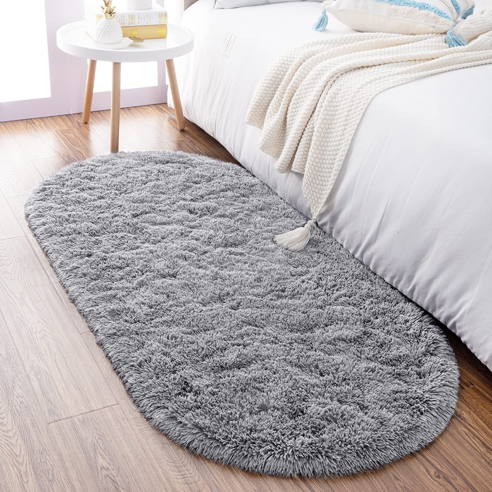 Photo 1 of Noahas Fluffy Grey Rugs for Bedroom Living Room,2.6'X5.3' Oval Throw Rug for Kids Room,Shag Hallway Runner Rug,Small Soft Shaggy Bedside Non-Slip Plush Nursery Dorm Carpet Home Decor Aesthetic