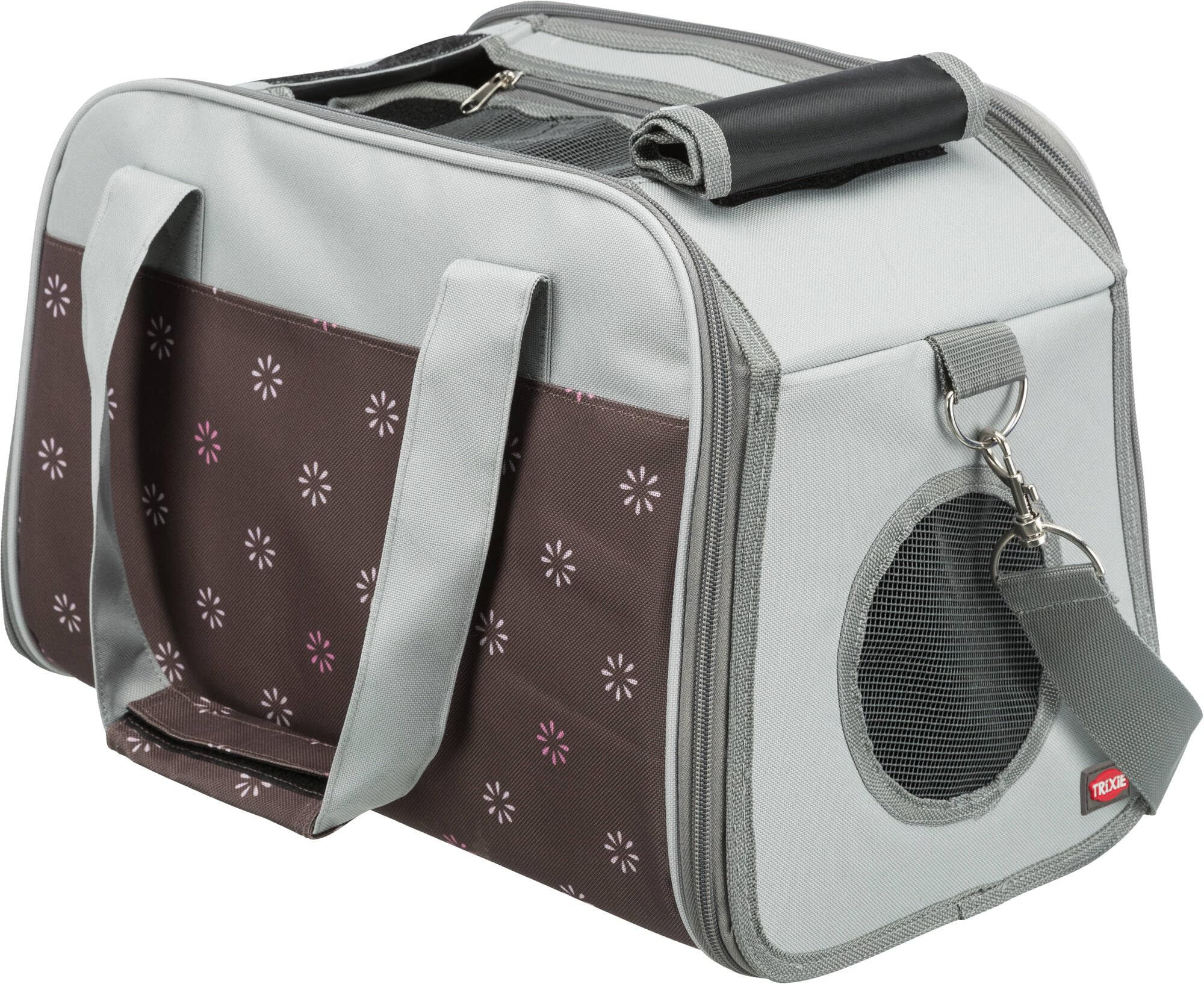 TRIXIE dog bag Libby - top and front openings - outside pocket - detachable shoulder strap - padded and removable base plate - short leash - 25 x 27 x 42 cm - brown/grey - 28954