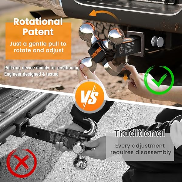 ORCISH 360° SWIVEL TRAILER HITCH, TRI-BALL MOUNT WITH PIN & HEAVY DUTY HOOK, CHROME-PLATED TRAILER BALL SIZE 1-7/8″, 2″ AND 2-5/16″, FIT 2 INCH HITCH RECEIVER, ROTATING BALL HITCH, TOWING HITCH